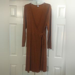 Women's Navy XL Wrap Dress Brown/pumpkin color long sleeve,tie Dress